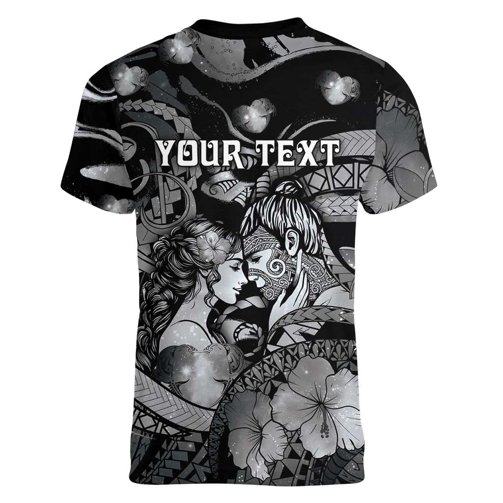 Personalised Maori Romantic Valentine Women V-Neck T-Shirt The Hongi Kiss Black Galaxy DT05 - Polynesian Pride