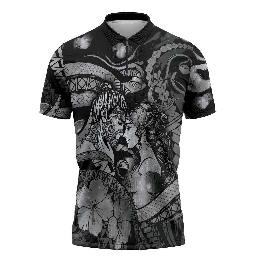 Personalised Maori Romantic Valentine Zipper Polo Shirt The Hongi Kiss Black Galaxy