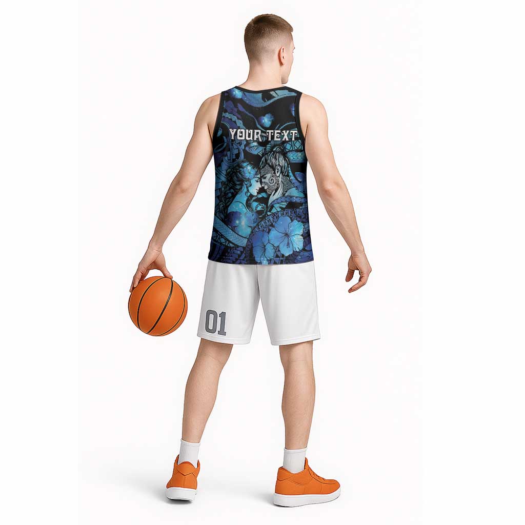 Personalised Maori Romantic Valentine Basketball Jersey The Hongi Kiss Blue Galaxy