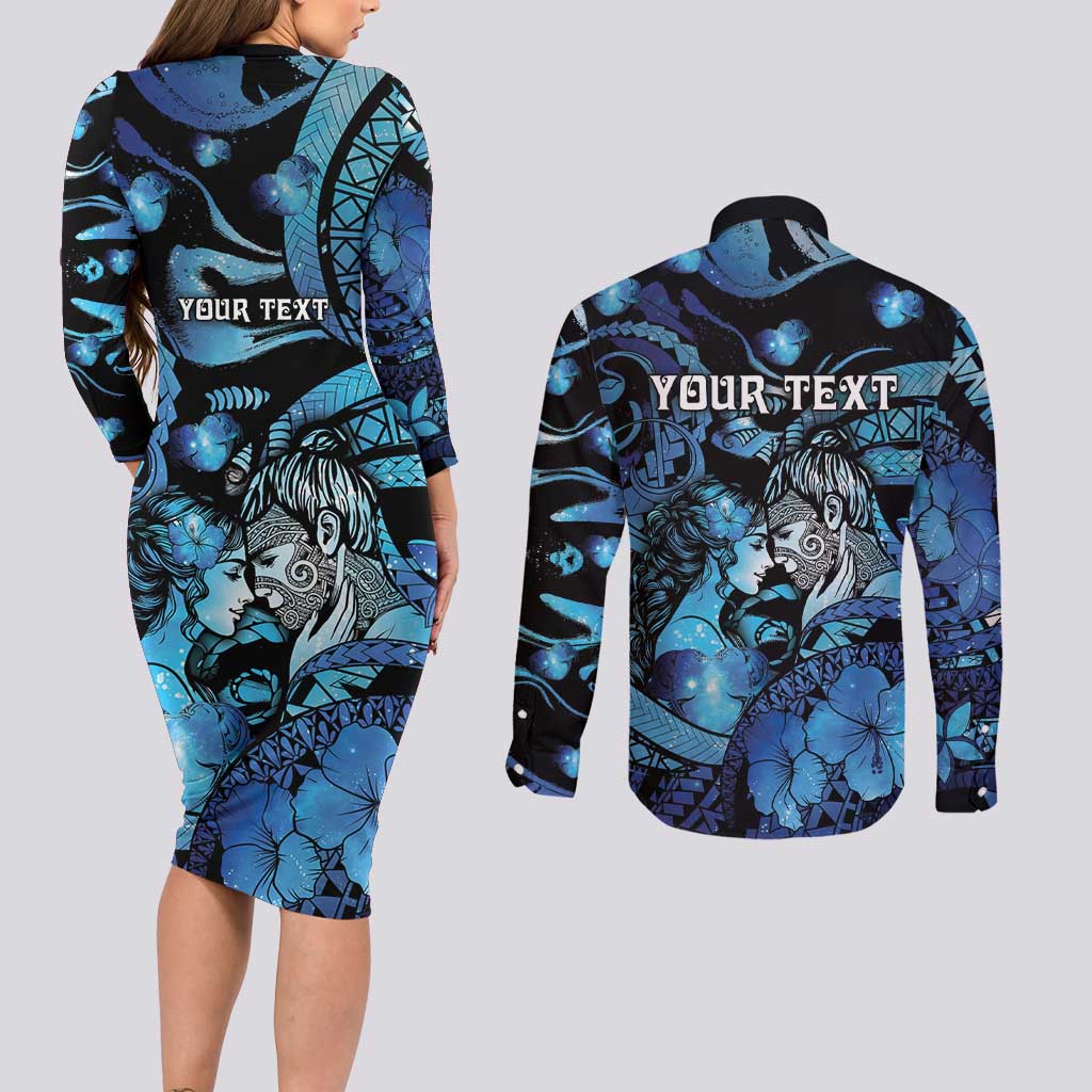 Personalised Maori Romantic Valentine Couples Matching Long Sleeve Bodycon Dress and Long Sleeve Button Shirt The Hongi Kiss Blue Galaxy DT05 - Polynesian Pride