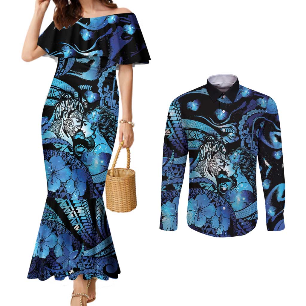 Personalised Maori Romantic Valentine Couples Matching Mermaid Dress and Long Sleeve Button Shirt The Hongi Kiss Blue Galaxy DT05 Blue - Polynesian Pride