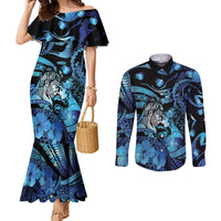 Personalised Maori Romantic Valentine Couples Matching Mermaid Dress and Long Sleeve Button Shirt The Hongi Kiss Blue Galaxy DT05 Blue - Polynesian Pride