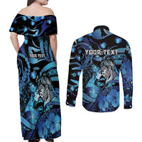 Personalised Maori Romantic Valentine Couples Matching Off Shoulder Maxi Dress and Long Sleeve Button Shirt The Hongi Kiss Blue Galaxy