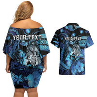 Personalised Maori Romantic Valentine Couples Matching Off Shoulder Short Dress and Hawaiian Shirt The Hongi Kiss Blue Galaxy DT05 - Polynesian Pride