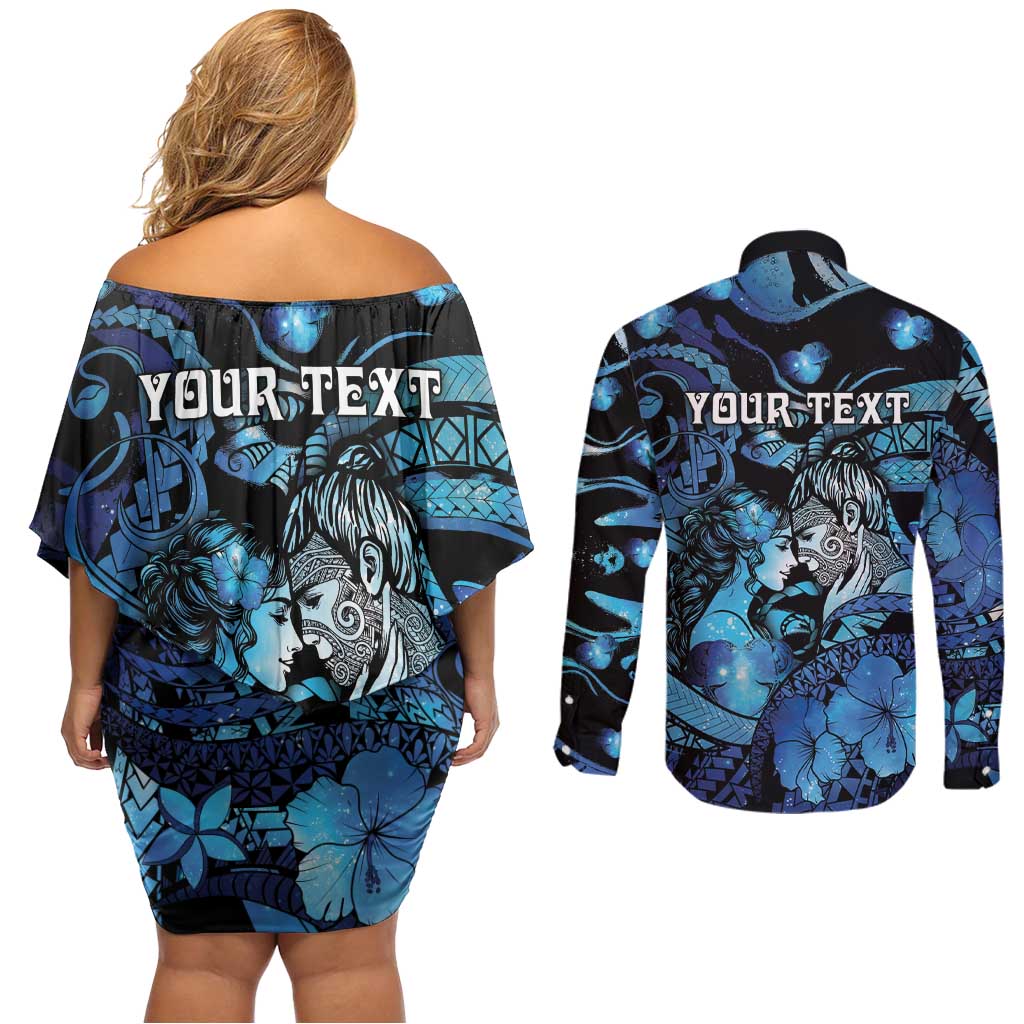 Personalised Maori Romantic Valentine Couples Matching Off Shoulder Short Dress and Long Sleeve Button Shirt The Hongi Kiss Blue Galaxy DT05 - Polynesian Pride