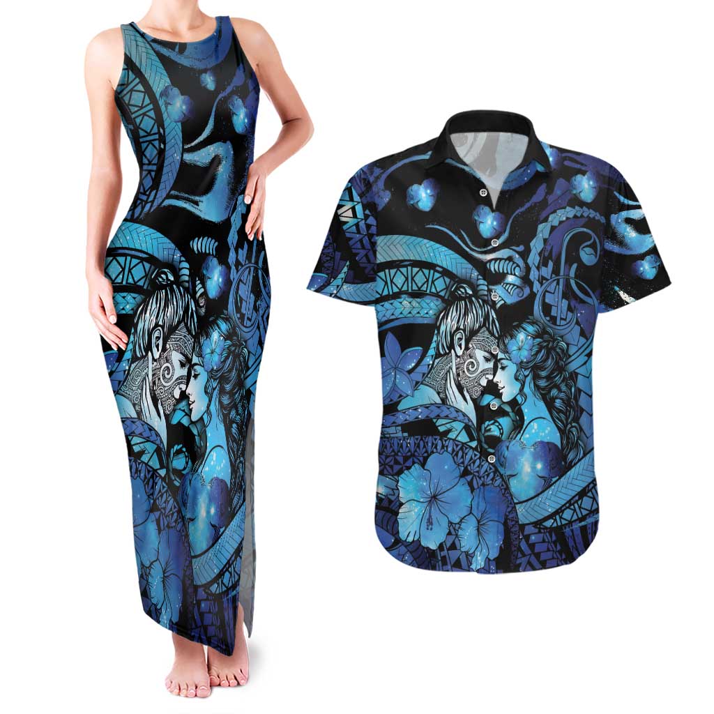 Personalised Maori Romantic Valentine Couples Matching Tank Maxi Dress and Hawaiian Shirt The Hongi Kiss Blue Galaxy