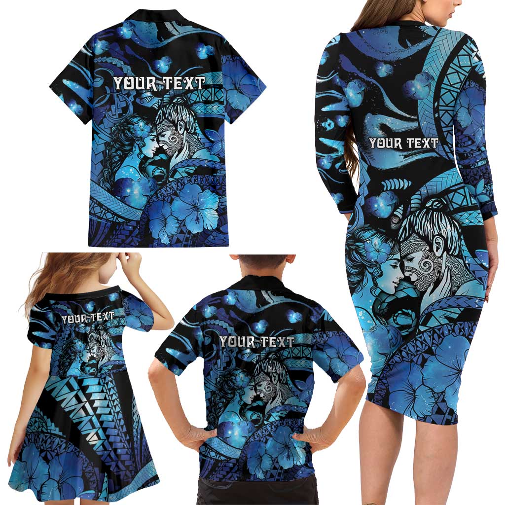Personalised Maori Romantic Valentine Family Matching Long Sleeve Bodycon Dress and Hawaiian Shirt The Hongi Kiss Blue Galaxy DT05 - Polynesian Pride
