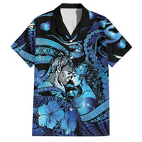 Personalised Maori Romantic Valentine Family Matching Long Sleeve Bodycon Dress and Hawaiian Shirt The Hongi Kiss Blue Galaxy DT05 Dad's Shirt - Short Sleeve Blue - Polynesian Pride