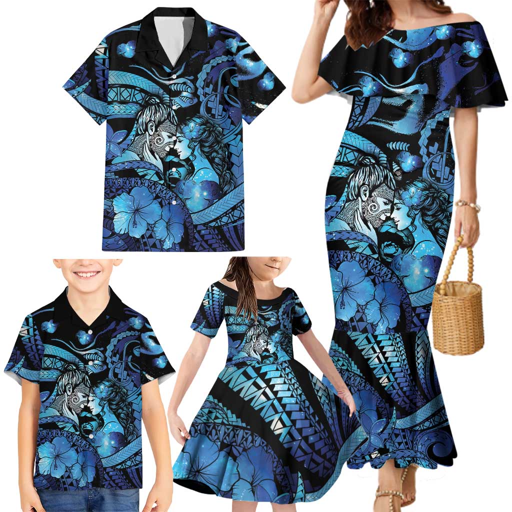 Personalised Maori Romantic Valentine Family Matching Mermaid Dress and Hawaiian Shirt The Hongi Kiss Blue Galaxy DT05 - Polynesian Pride