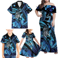 Personalised Maori Romantic Valentine Family Matching Off Shoulder Maxi Dress and Hawaiian Shirt The Hongi Kiss Blue Galaxy DT05 - Polynesian Pride