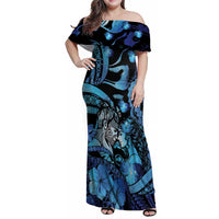 Personalised Maori Romantic Valentine Family Matching Off Shoulder Maxi Dress and Hawaiian Shirt The Hongi Kiss Blue Galaxy DT05 Mom's Dress Blue - Polynesian Pride