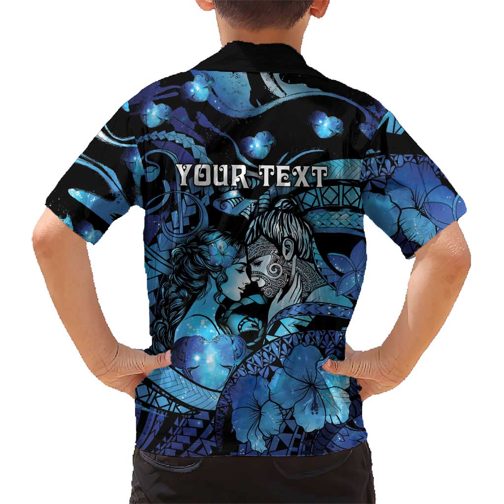 Personalised Maori Romantic Valentine Family Matching Off Shoulder Short Dress and Hawaiian Shirt The Hongi Kiss Blue Galaxy DT05 - Polynesian Pride