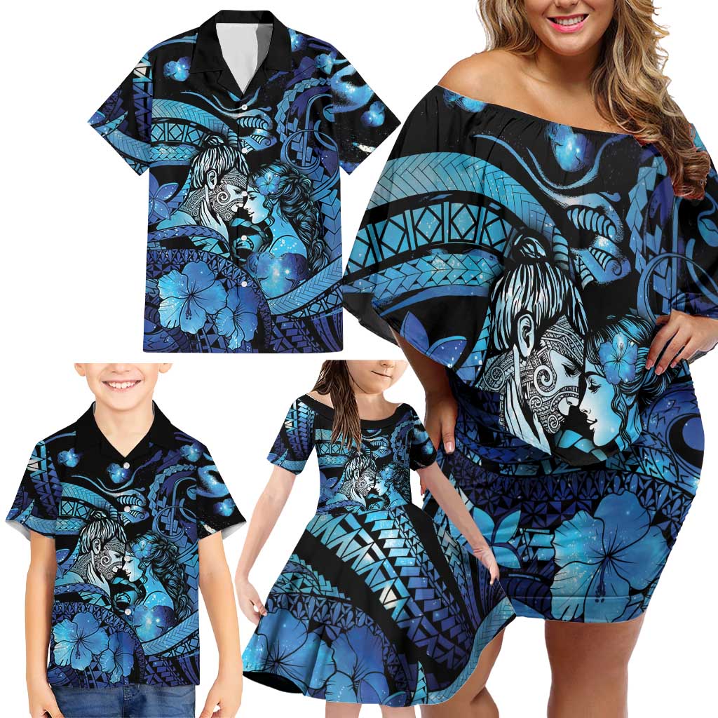 Personalised Maori Romantic Valentine Family Matching Off Shoulder Short Dress and Hawaiian Shirt The Hongi Kiss Blue Galaxy DT05 - Polynesian Pride