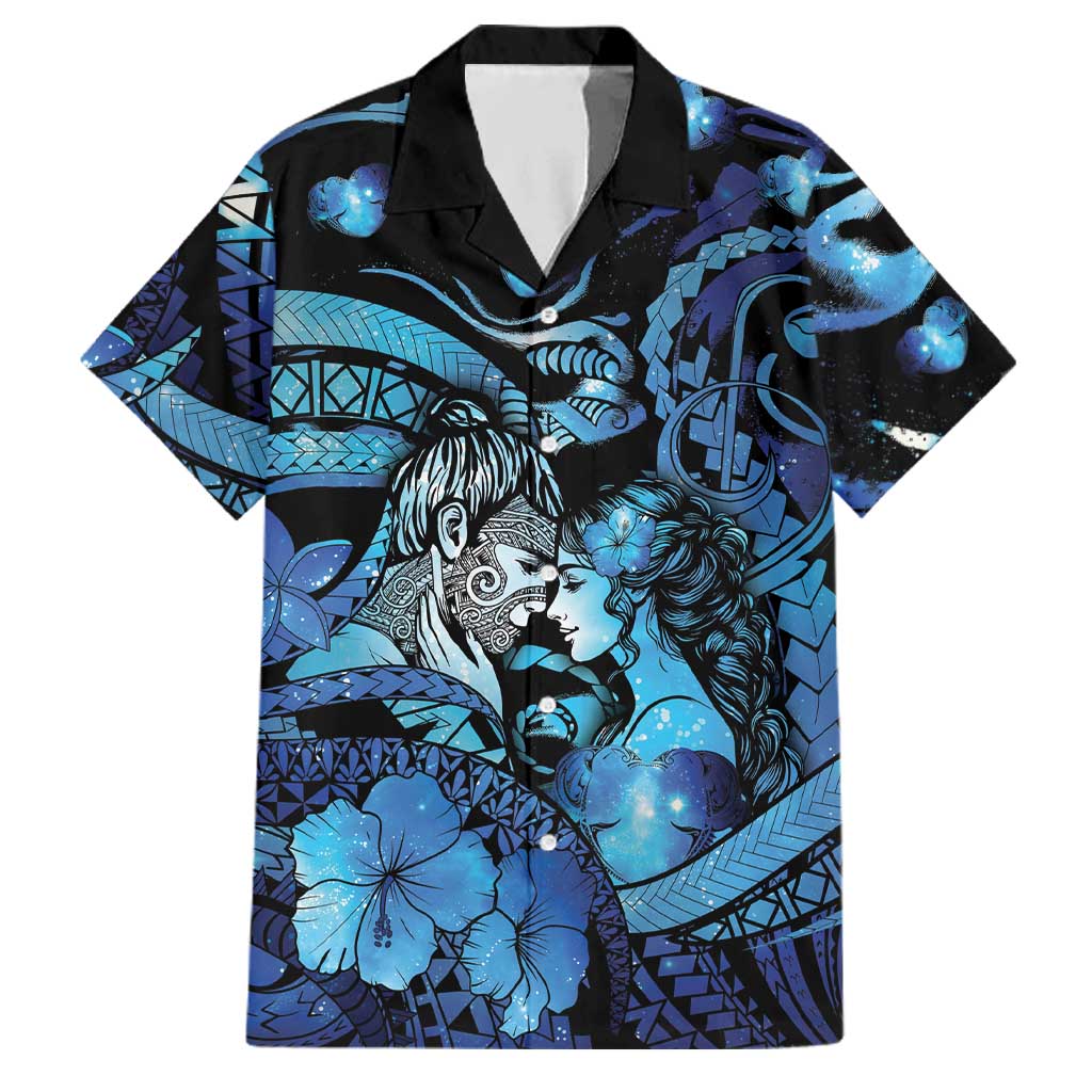 Personalised Maori Romantic Valentine Family Matching Off Shoulder Short Dress and Hawaiian Shirt The Hongi Kiss Blue Galaxy DT05 Dad's Shirt - Short Sleeve Blue - Polynesian Pride
