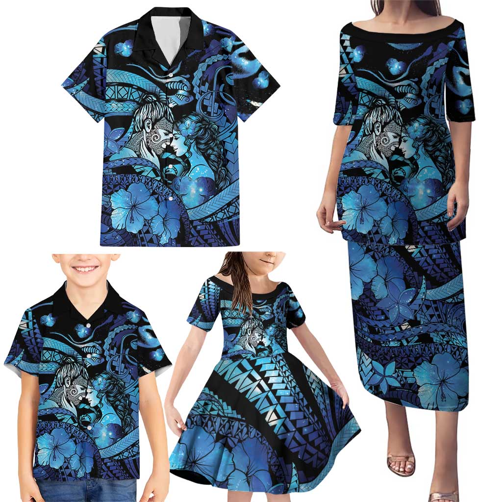 Personalised Maori Romantic Valentine Family Matching Puletasi and Hawaiian Shirt The Hongi Kiss Blue Galaxy