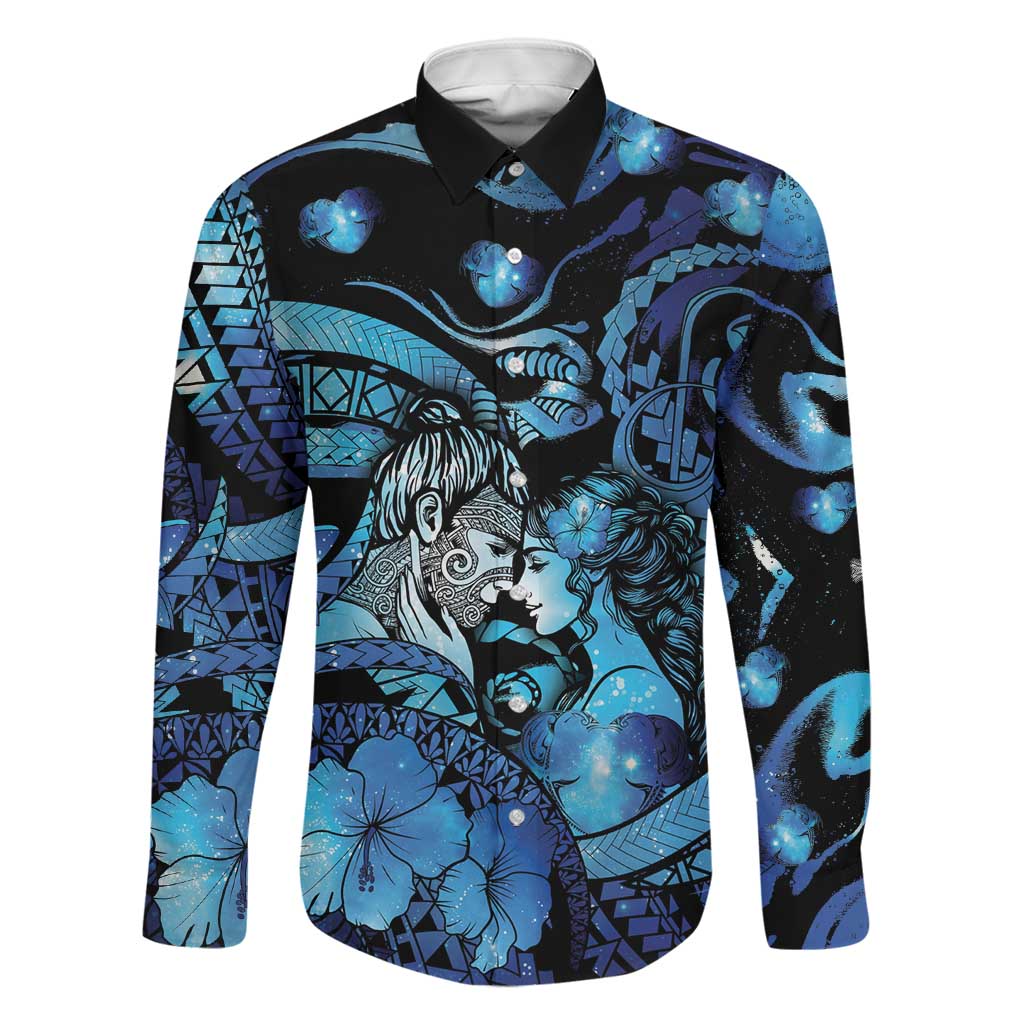 Personalised Maori Romantic Valentine Family Matching Puletasi and Hawaiian Shirt The Hongi Kiss Blue Galaxy DT05 Dad's Shirt - Long Sleeve Blue - Polynesian Pride