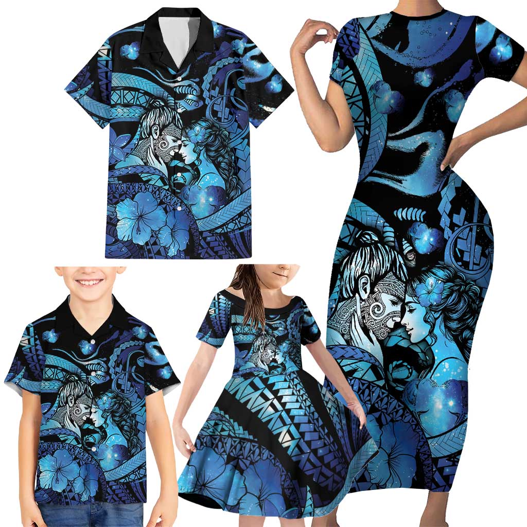 Personalised Maori Romantic Valentine Family Matching Short Sleeve Bodycon Dress and Hawaiian Shirt The Hongi Kiss Blue Galaxy