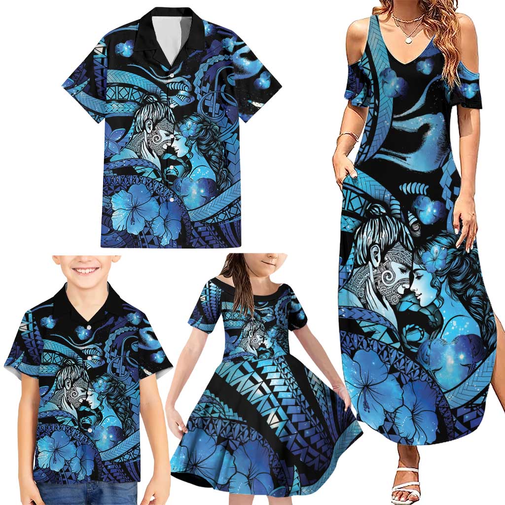 Personalised Maori Romantic Valentine Family Matching Summer Maxi Dress and Hawaiian Shirt The Hongi Kiss Blue Galaxy DT05 - Polynesian Pride