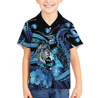 Personalised Maori Romantic Valentine Family Matching Tank Maxi Dress and Hawaiian Shirt The Hongi Kiss Blue Galaxy DT05 Son's Shirt Blue - Polynesian Pride