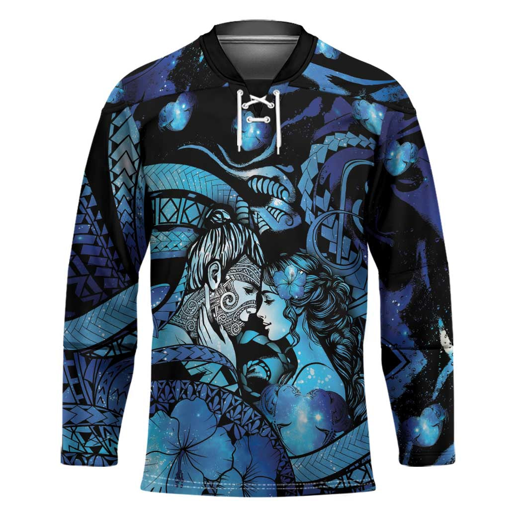Personalised Maori Romantic Valentine Hockey Jersey The Hongi Kiss Blue Galaxy