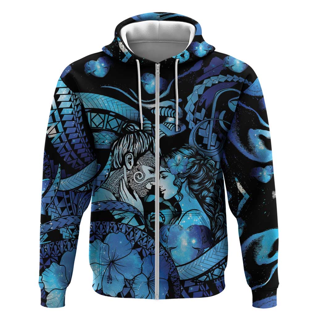 Personalised Maori Romantic Valentine Hoodie The Hongi Kiss Blue Galaxy