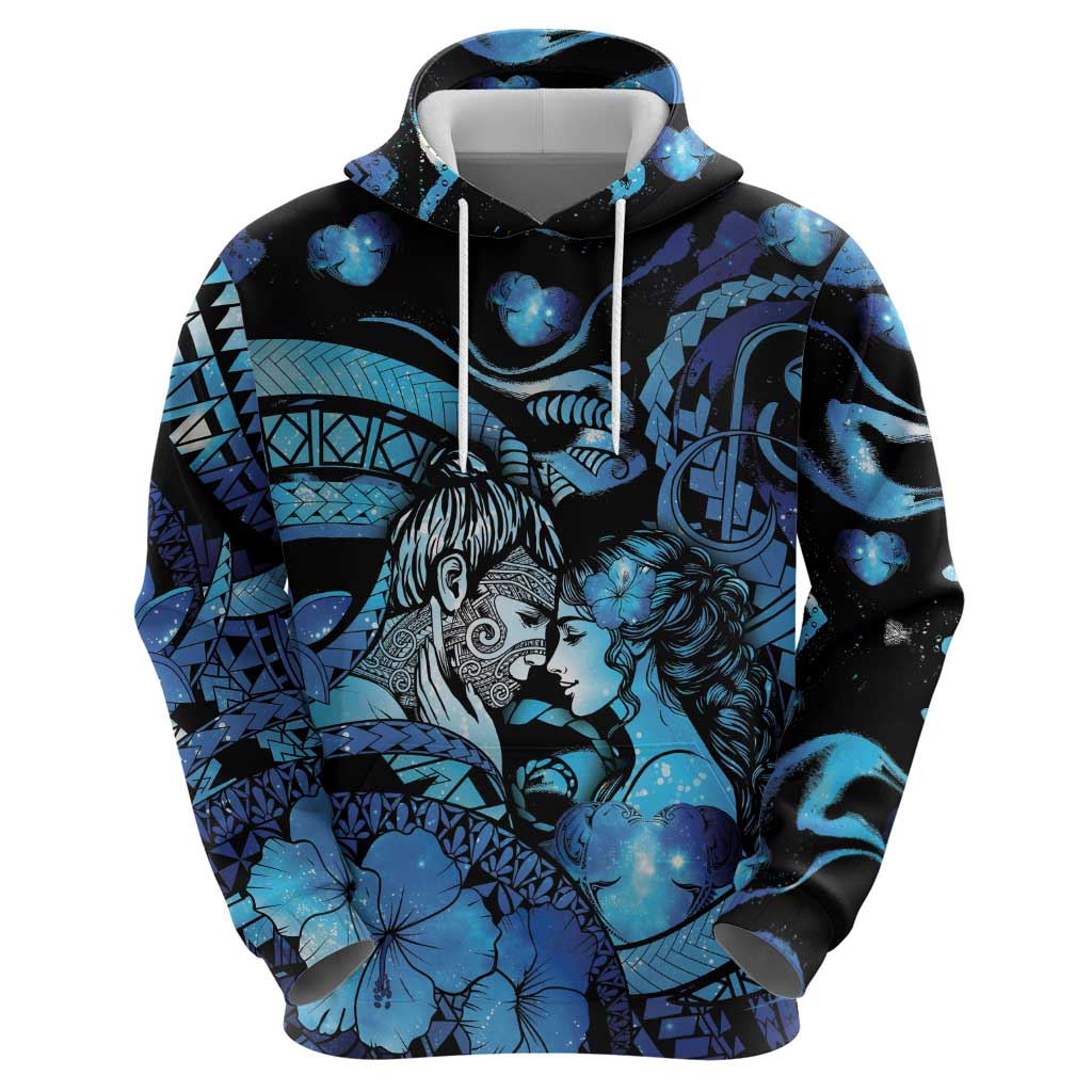Personalised Maori Romantic Valentine Hoodie The Hongi Kiss Blue Galaxy