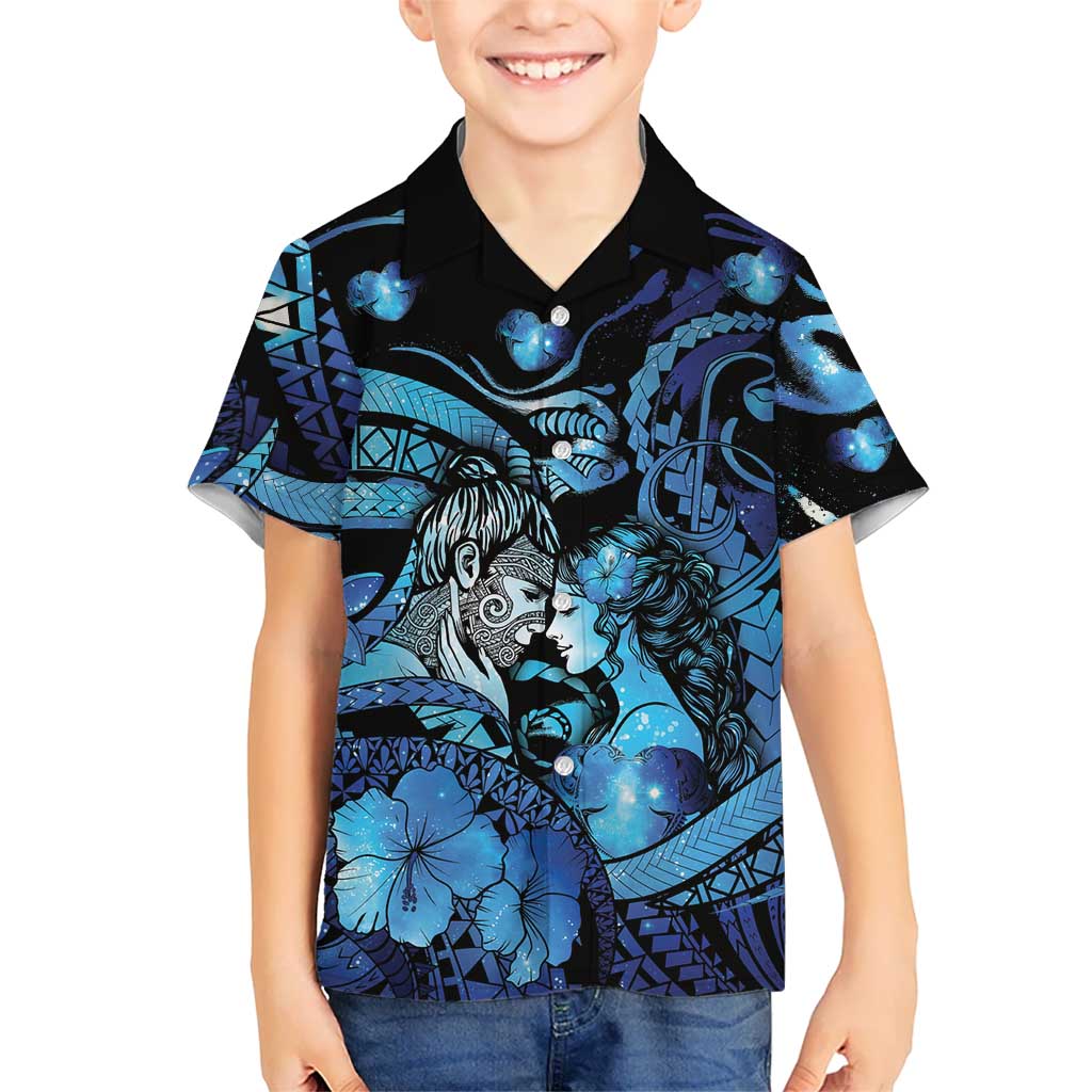 Personalised Maori Romantic Valentine Kid Hawaiian Shirt The Hongi Kiss Blue Galaxy