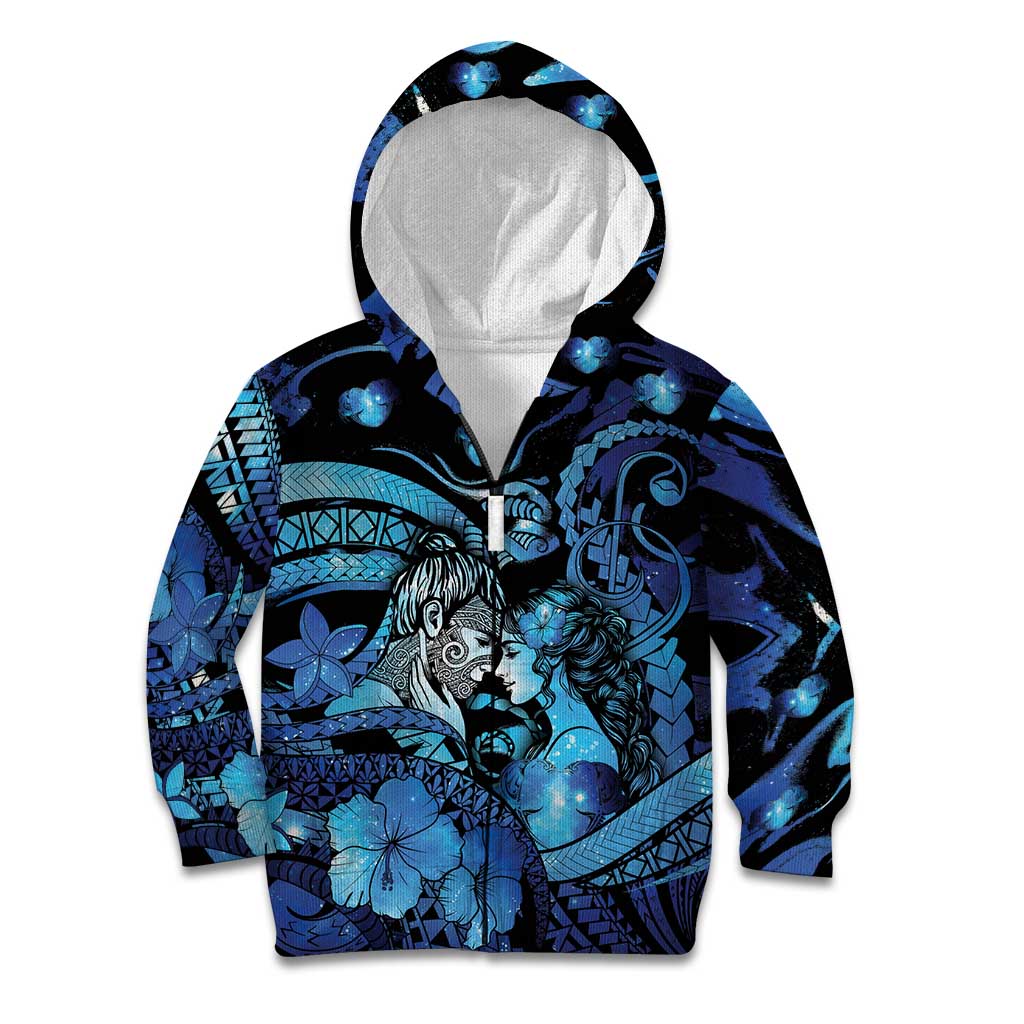 Personalised Maori Romantic Valentine Kid Hoodie The Hongi Kiss Blue Galaxy