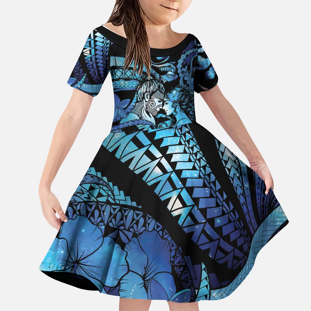 Personalised Maori Romantic Valentine Kid Short Sleeve Dress The Hongi Kiss Blue Galaxy DT05 KID Blue - Polynesian Pride