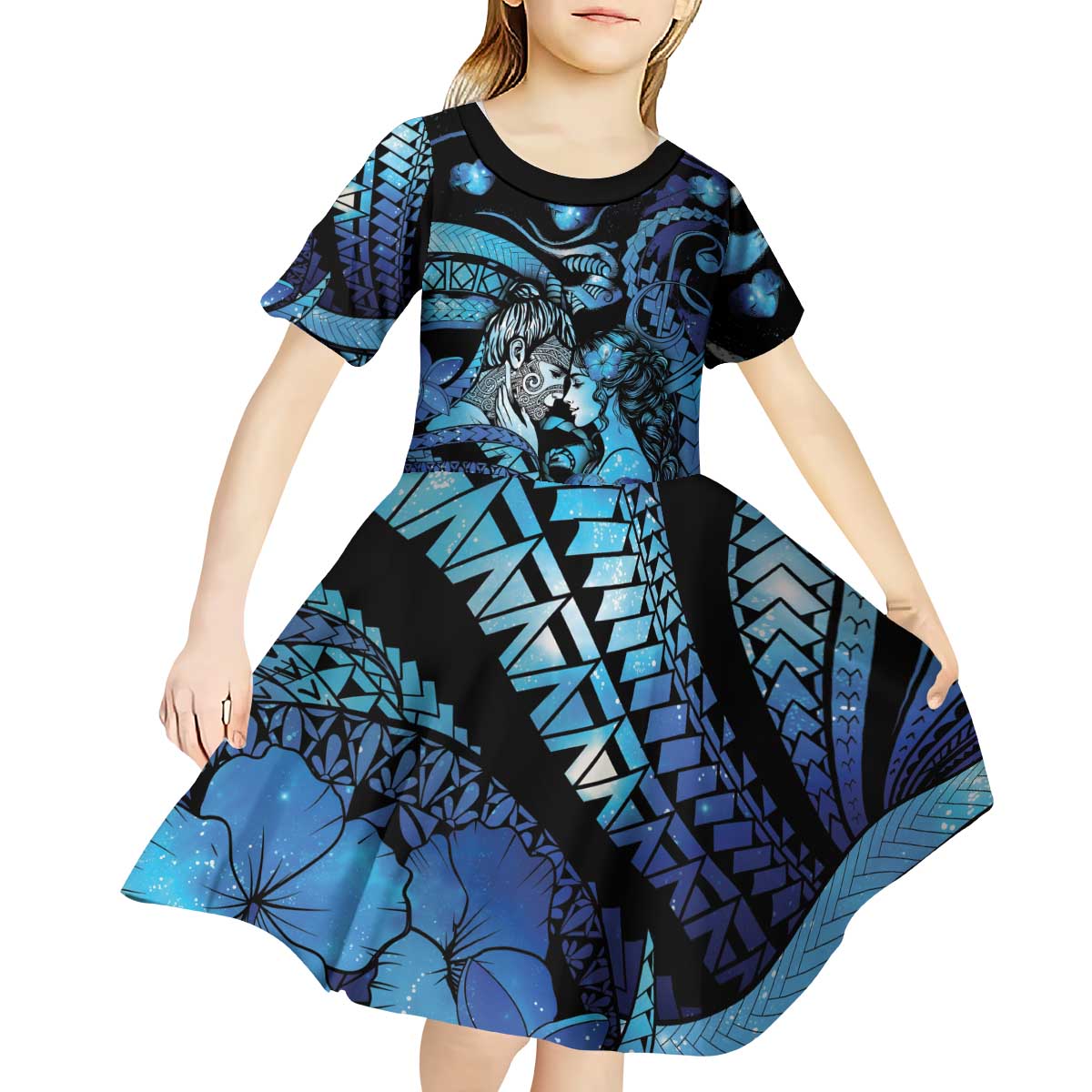 Personalised Maori Romantic Valentine Kid Short Sleeve Dress The Hongi Kiss Blue Galaxy DT05 - Polynesian Pride