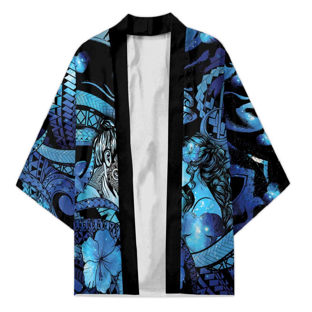 Personalised Maori Romantic Valentine Kimono The Hongi Kiss Blue Galaxy