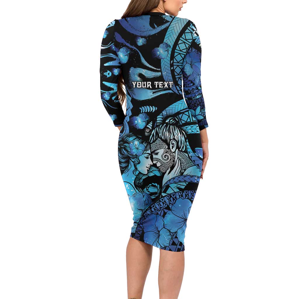 Personalised Maori Romantic Valentine Long Sleeve Bodycon Dress The Hongi Kiss Blue Galaxy