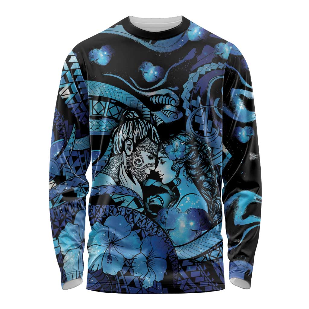 Personalised Maori Romantic Valentine Long Sleeve Shirt The Hongi Kiss Blue Galaxy