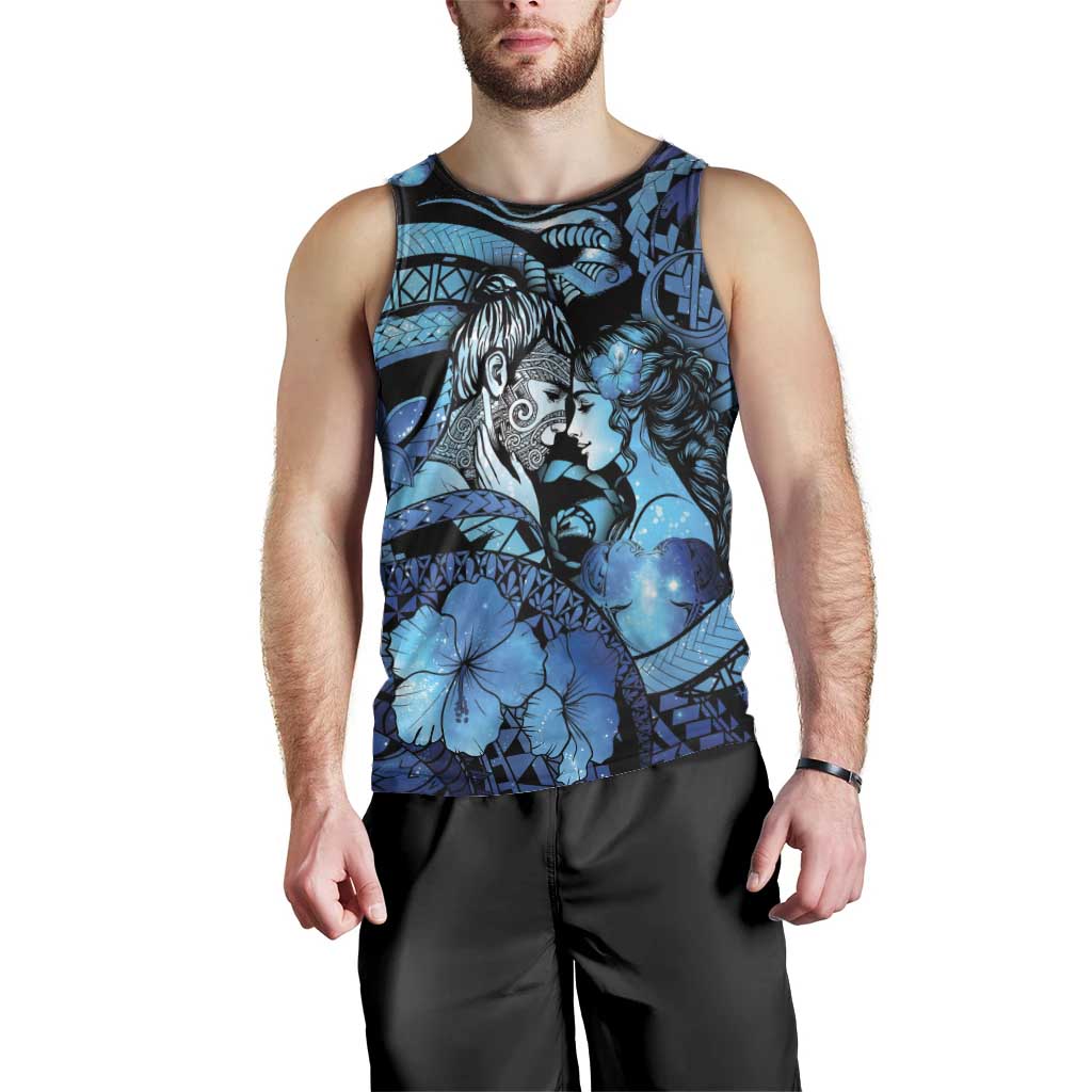 Personalised Maori Romantic Valentine Men Tank Top The Hongi Kiss Blue Galaxy
