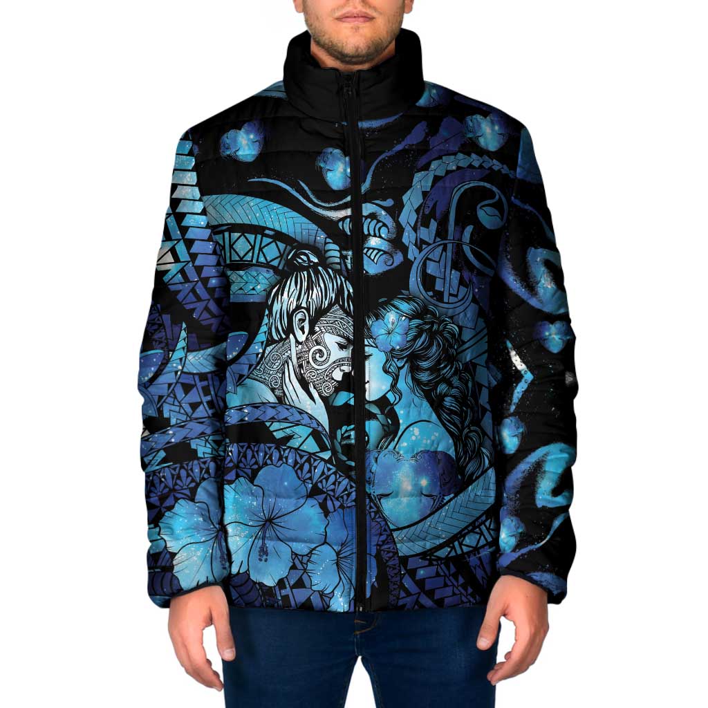 Personalised Maori Romantic Valentine Padded Jacket The Hongi Kiss Blue Galaxy
