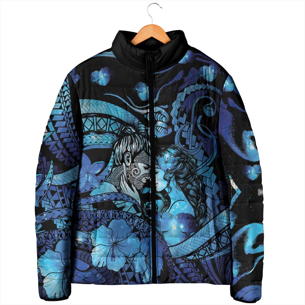 Personalised Maori Romantic Valentine Padded Jacket The Hongi Kiss Blue Galaxy