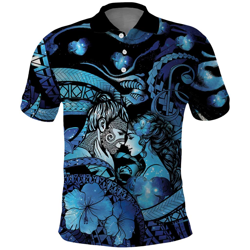 Personalised Maori Romantic Valentine Polo Shirt The Hongi Kiss Blue Galaxy