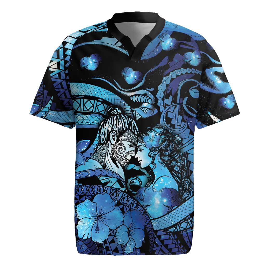 Personalised Maori Romantic Valentine Rugby Jersey The Hongi Kiss Blue Galaxy