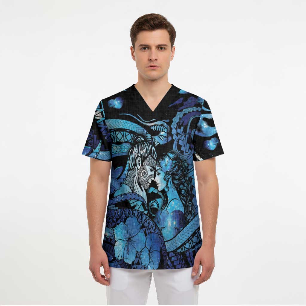 Personalised Maori Romantic Valentine Scrub Top The Hongi Kiss Blue Galaxy