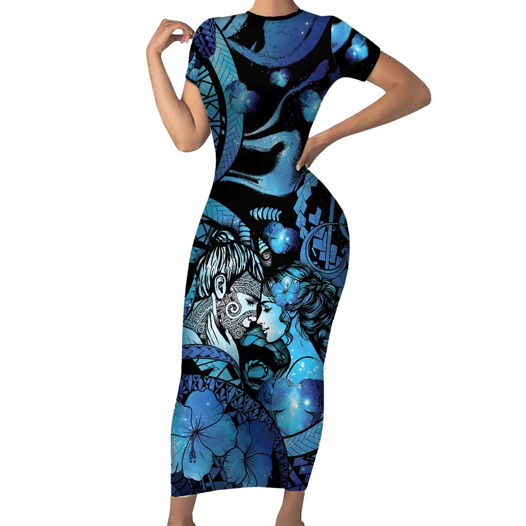 Personalised Maori Romantic Valentine Short Sleeve Bodycon Dress The Hongi Kiss Blue Galaxy
