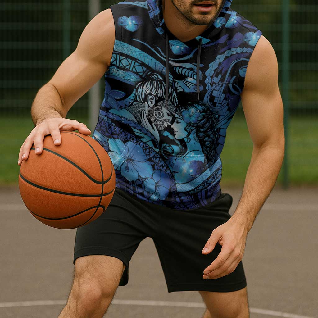 Personalised Maori Romantic Valentine Sleeveless Hoodie The Hongi Kiss Blue Galaxy