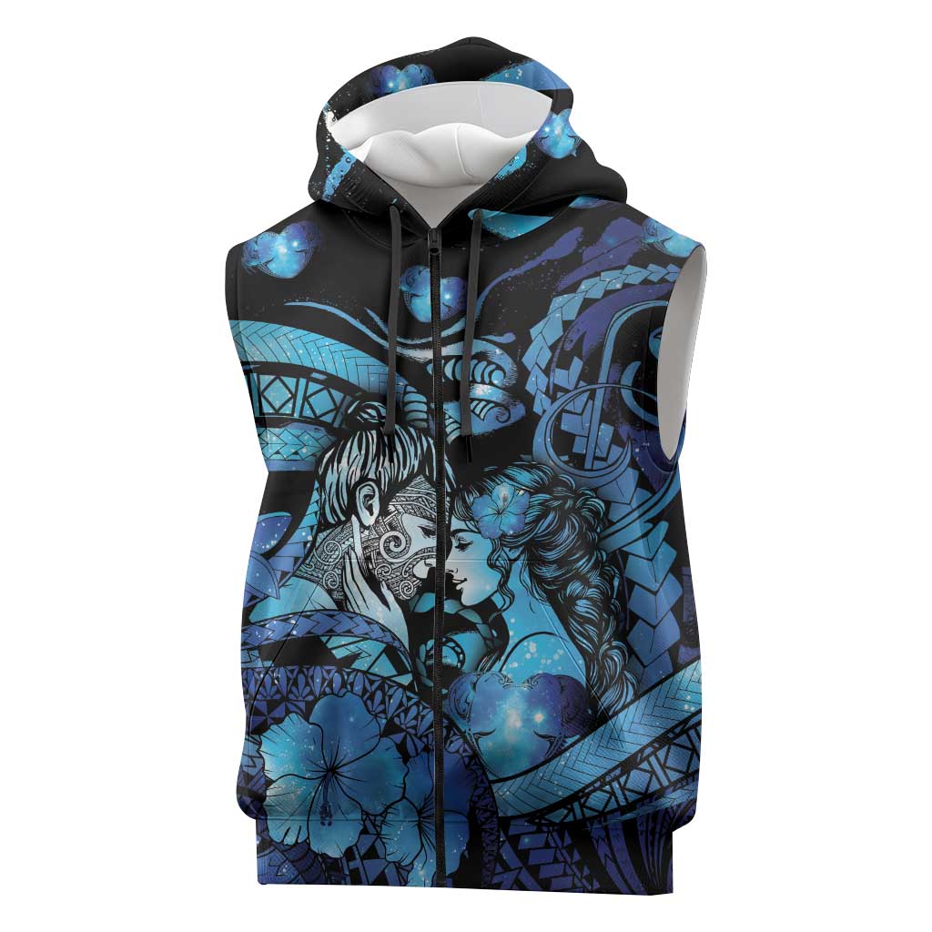 Personalised Maori Romantic Valentine Sleeveless Zip Hoodie The Hongi Kiss Blue Galaxy