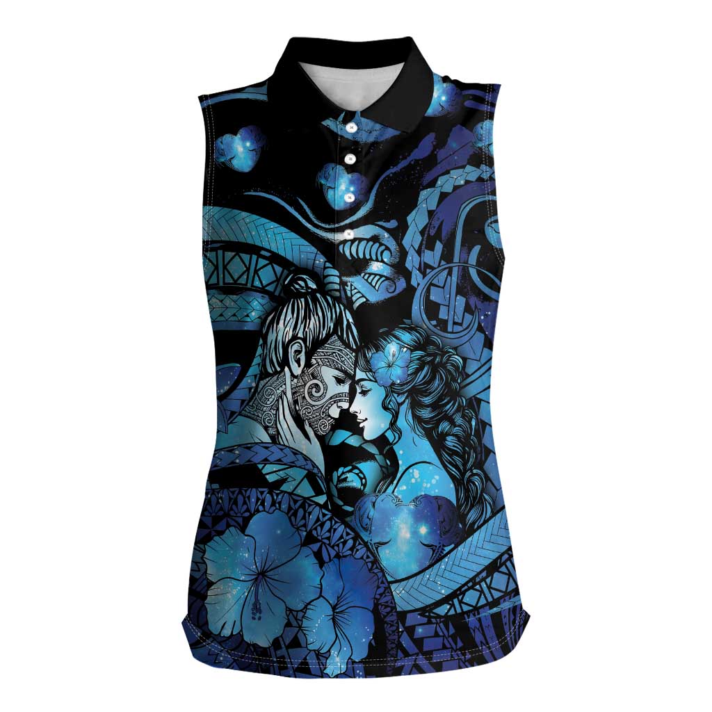Personalised Maori Romantic Valentine Women Sleeveless Polo Shirt The Hongi Kiss Blue Galaxy DT05 Female Blue - Polynesian Pride