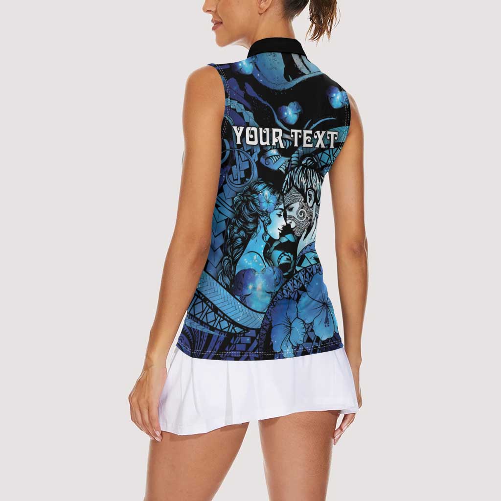 Personalised Maori Romantic Valentine Women Sleeveless Polo Shirt The Hongi Kiss Blue Galaxy DT05 - Polynesian Pride