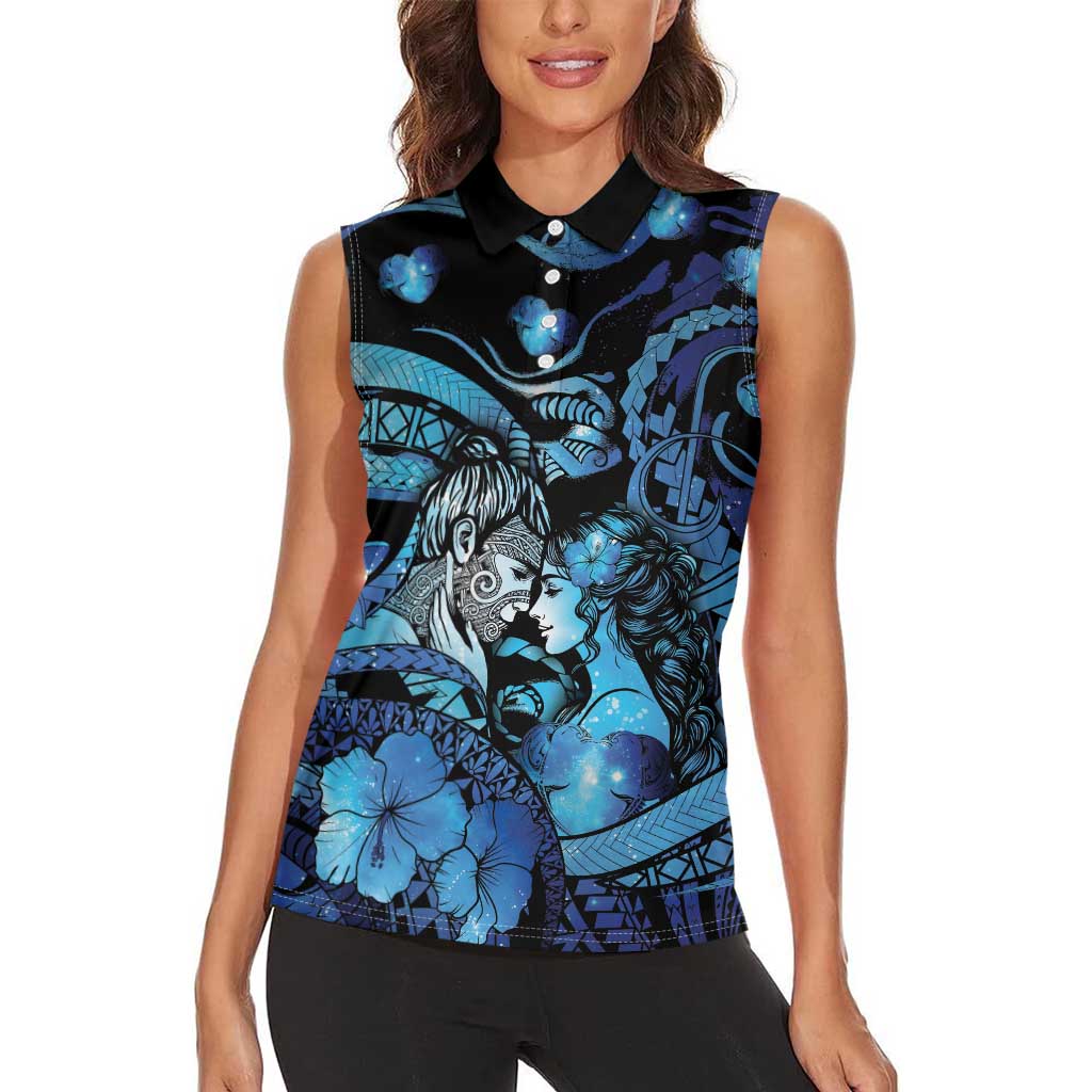 Personalised Maori Romantic Valentine Women Sleeveless Polo Shirt The Hongi Kiss Blue Galaxy DT05 - Polynesian Pride