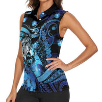 Personalised Maori Romantic Valentine Women Sleeveless Polo Shirt The Hongi Kiss Blue Galaxy DT05 - Polynesian Pride