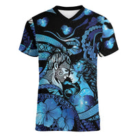 Personalised Maori Romantic Valentine Women V-Neck T-Shirt The Hongi Kiss Blue Galaxy DT05 Female Blue - Polynesian Pride