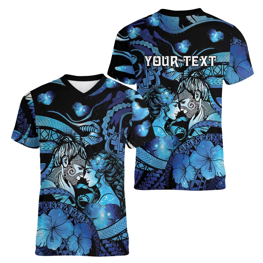 Personalised Maori Romantic Valentine Women V-Neck T-Shirt The Hongi Kiss Blue Galaxy DT05 - Polynesian Pride