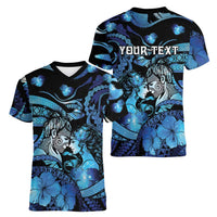 Personalised Maori Romantic Valentine Women V-Neck T-Shirt The Hongi Kiss Blue Galaxy DT05 - Polynesian Pride