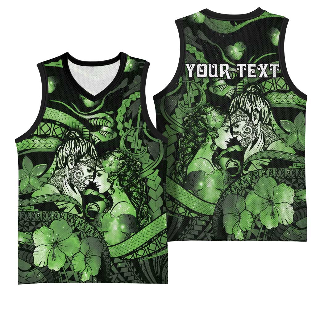 Personalised Maori Romantic Valentine Basketball Jersey The Hongi Kiss Green Galaxy DT05 - Polynesian Pride